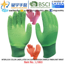 Interlock Color Liner, guantes de látex recubiertos 3/4 (L1803), acabado arrugado áspero, muñeca de punto con CE, En388, En420, guantes de trabajo